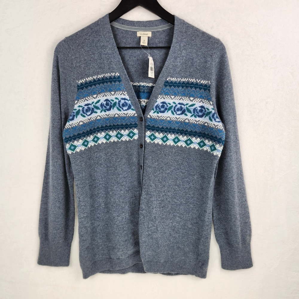NWT LL Bean Lily Bay Cardigan Sweater M Blue Fair Isle Floral Wool Cashmere